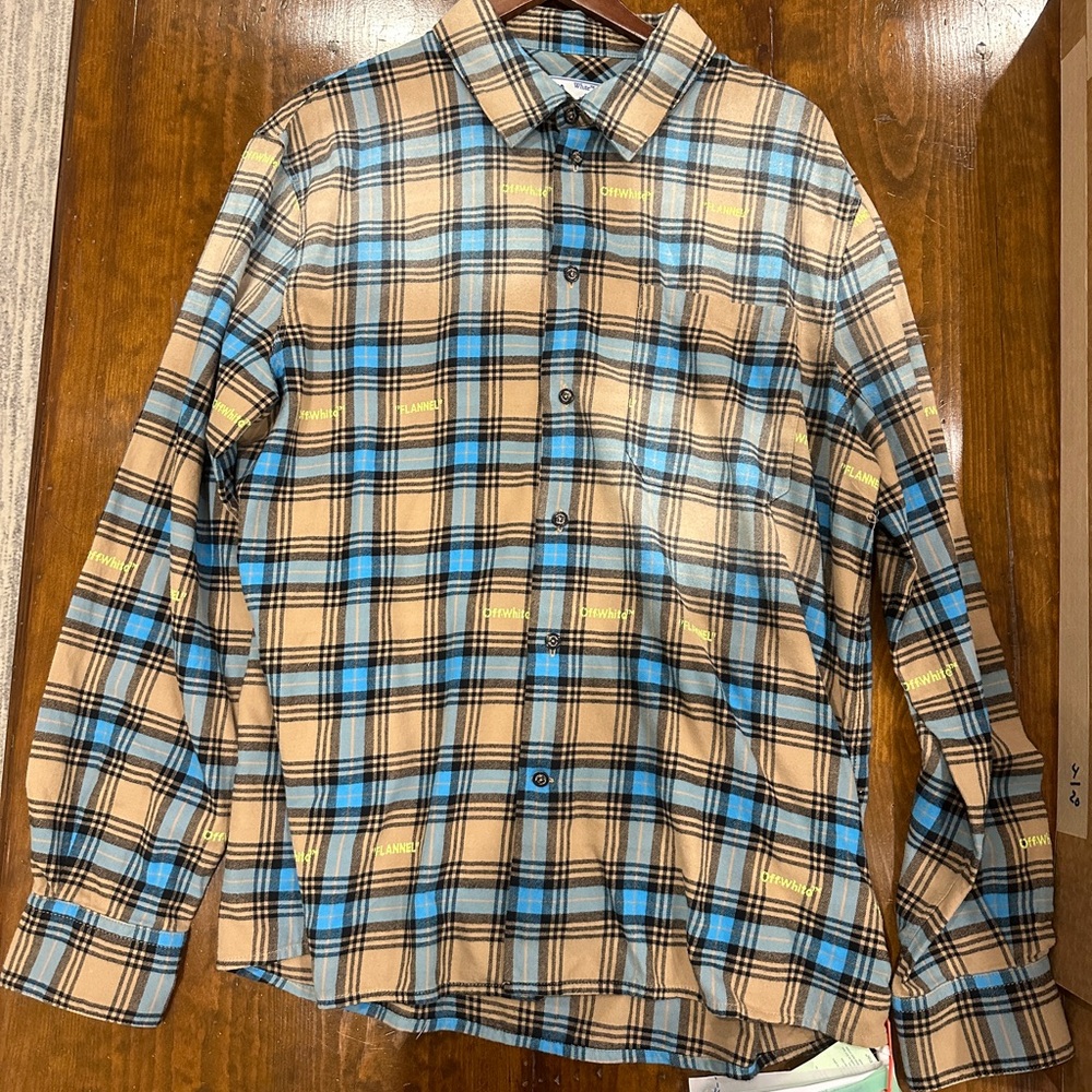 Off-White Blue and Tan Plaid Button-Down Shirt